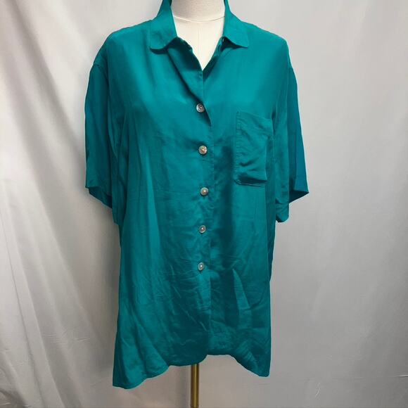 Vintage 80's Casual Corner 100% Silk Teal Button Up Short Sleeve blouse Womens M - Picture 2 of 16